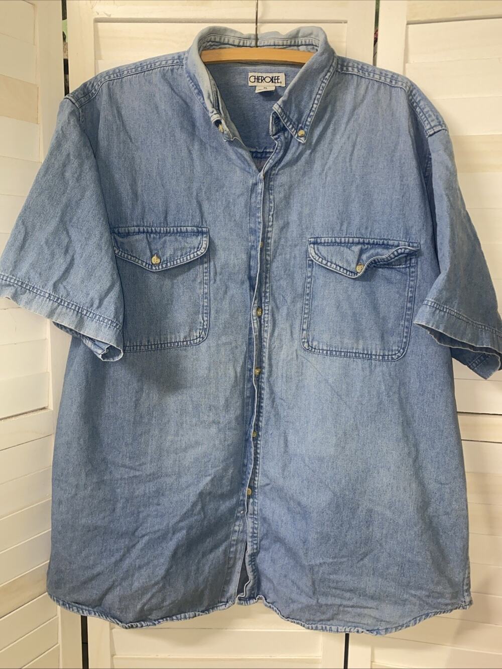 Vintage 90's Cherokee Denim Shirt Men Large Light Wash Short Sleeve Button-Up XL